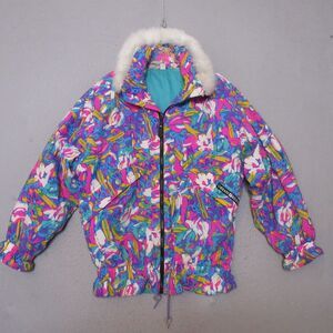 Vintage OP Ski Jacket Coat Juniors Colorful Bright‎ Abstract Faux Fur Nylon 80s